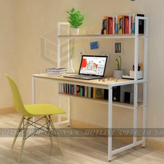 Bàn làm việc liền giá sách trước - Bàn khung sắt 3 tầng - BLV13