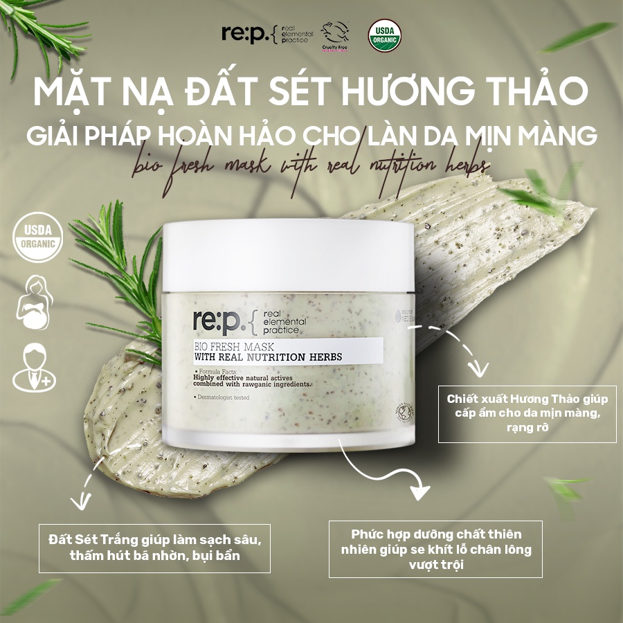 Mặt Nạ Đất Sét Re:p Hương Thảo Se Khít Lỗ Chân Lông Rep Bio Fresh With Real Nutrition Herbs 130g