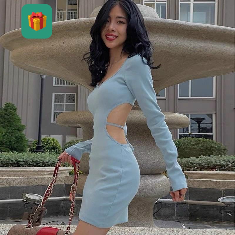 Đầm gân cổ tím tay dài hở lưng cột dây ôm body , chất thun gân dày dặn