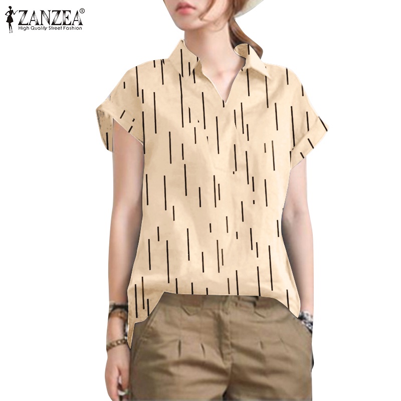 Áo sơ mi ZANZEA tay ngắn cổ bẻ in họa tiết kẻ sọc thời trang cho nữ
