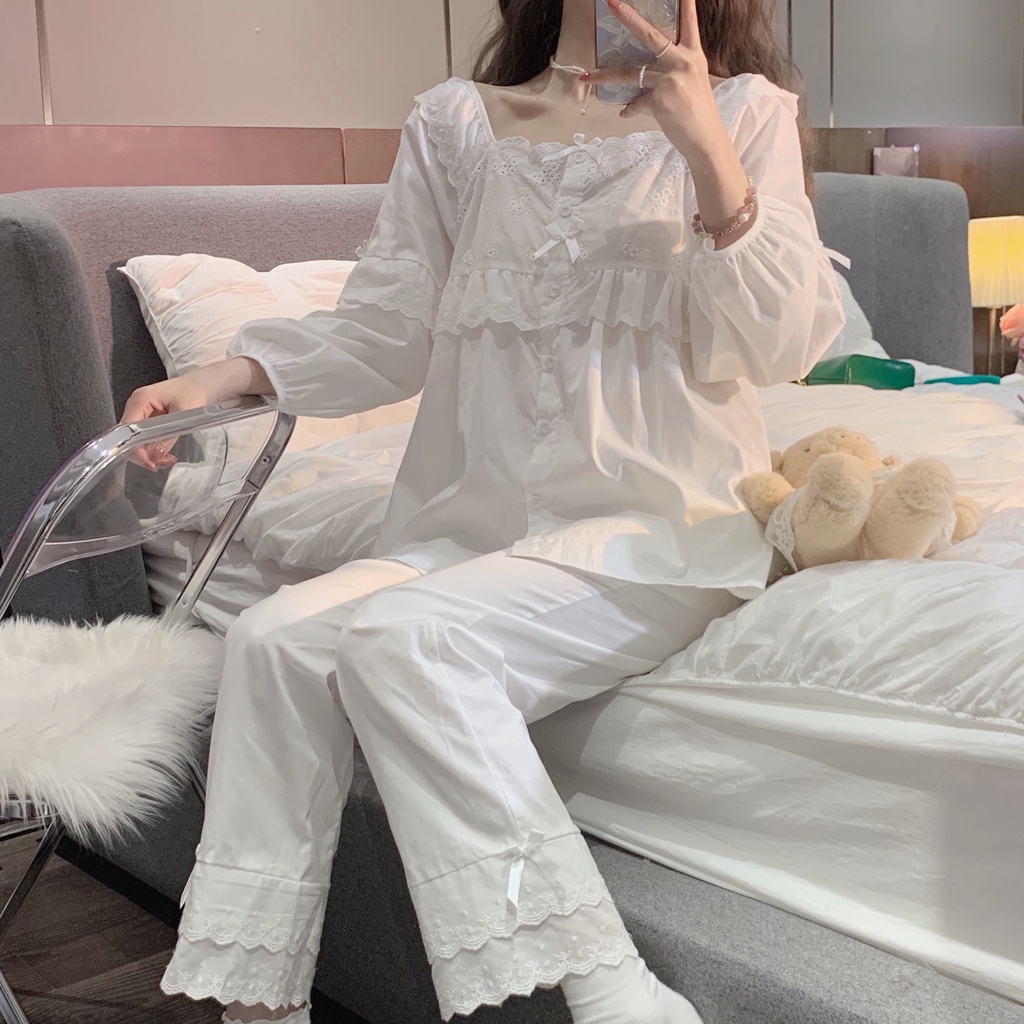 Set bộ mặc nhà phối ren tiểu thư quảng châu retro