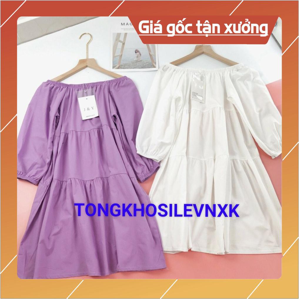 VÁY TRỄ VAI BABYDOLL TAY CHUN MÀU TÍM TRẮNG - ĐẦM CỔ VUÔNG BA TẦNG TRẮNG TÍM ULZZANG