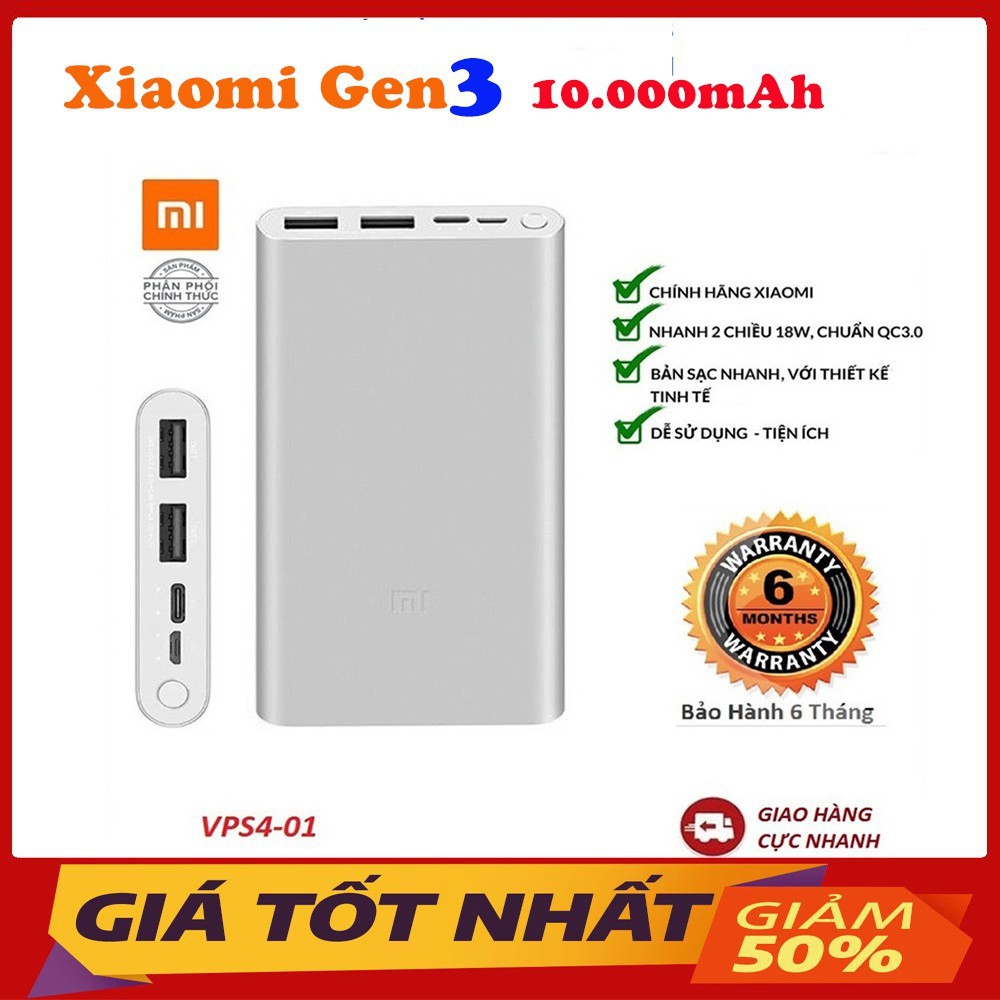 Pin Sạc Dự Phòng Xiaomi Gen 3 model 2020 Dung lượng chuẩn 10000mAh, 2 Cổng kết nối, Hỗ Trợ sạc nhanh.