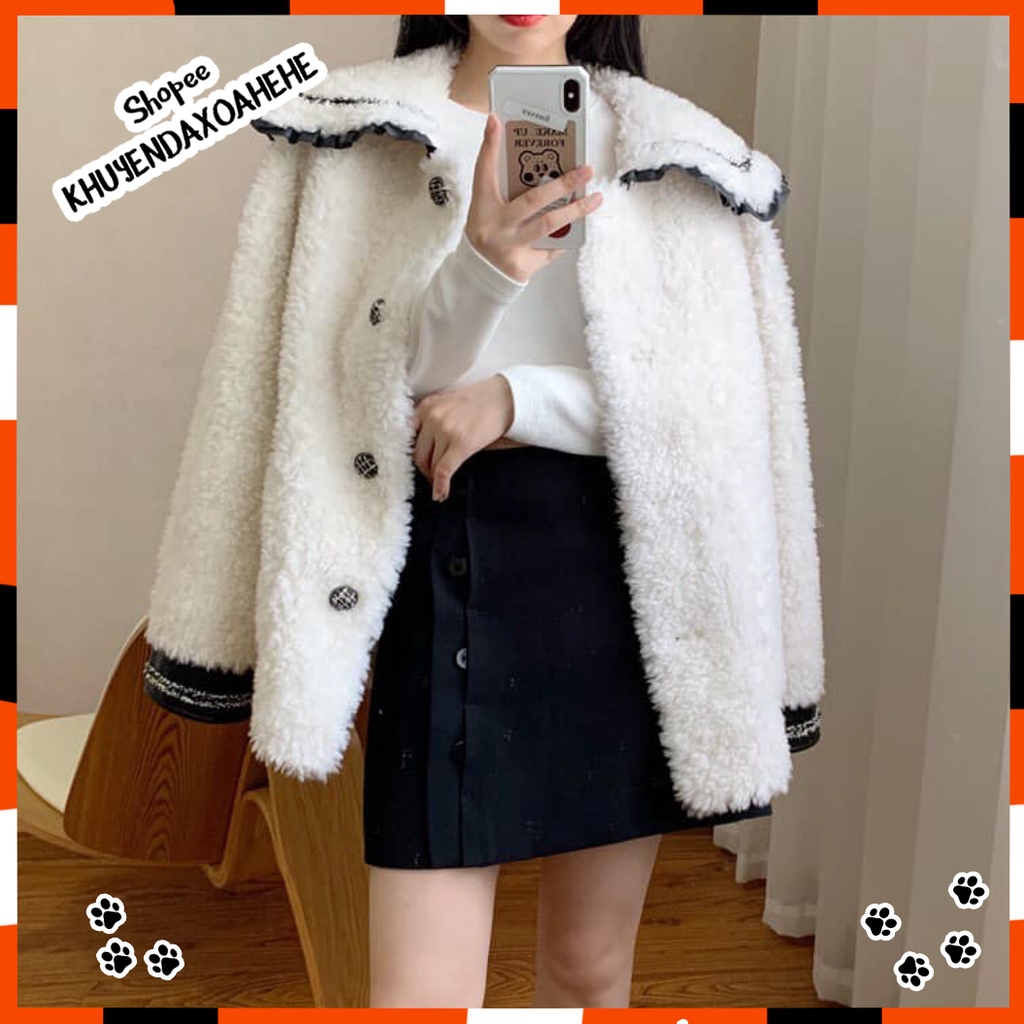 AK008 áo khoác lông cừu trắng cổ thủy thủ dáng babydoll tay bồng điệu, áo lông dáng rộng BBD tiểu thư bánh bèo cute xinh | BigBuy360 - bigbuy360.vn