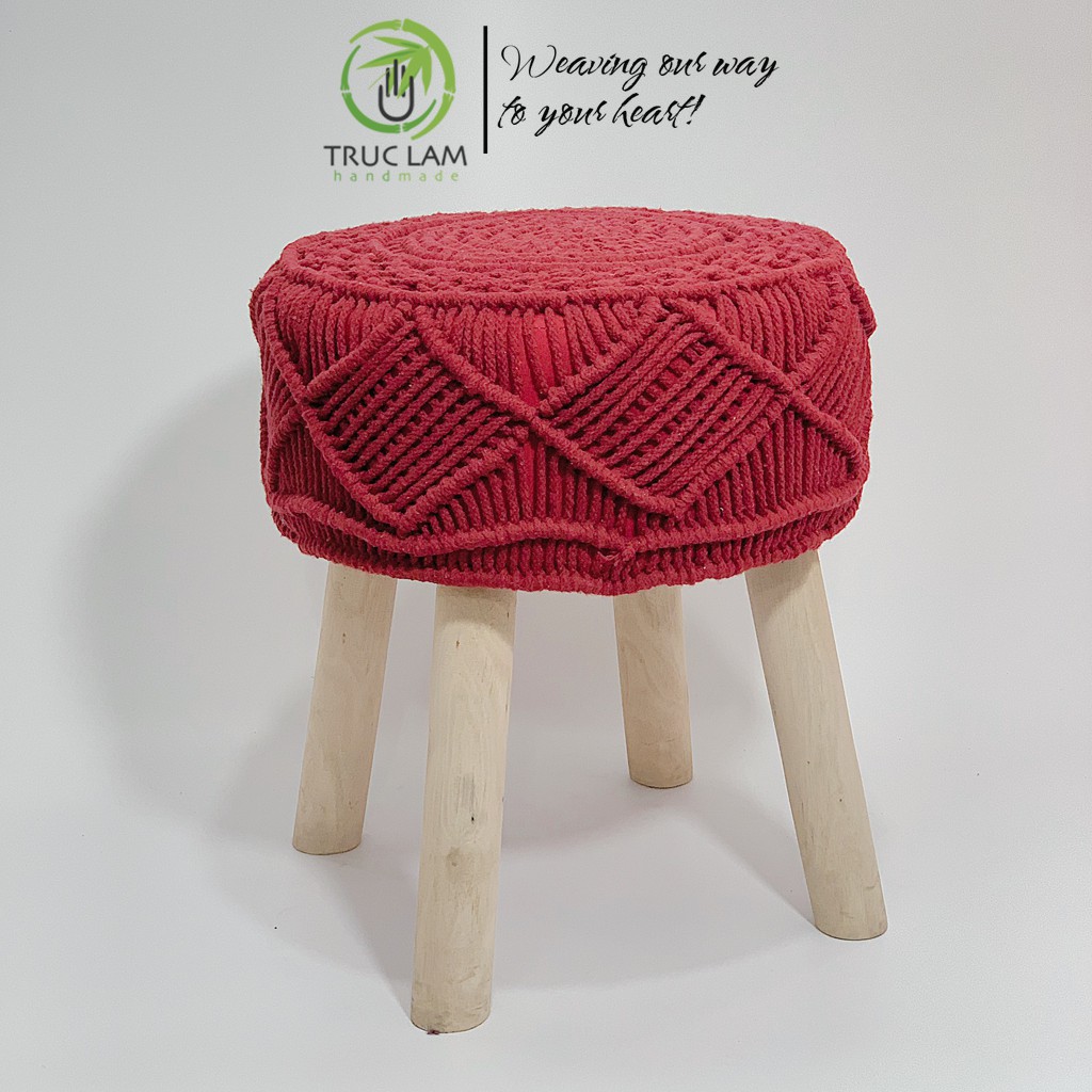 Ghế Đôn Chân Gỗ Dài Bọc Đan Len Móc Thủ Công – Trúc Lâm Handmade