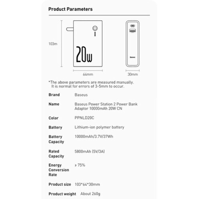 Củ sạc kiêm pin dự phòng baseud 10000mAh sạc 20w có 2 cổng USB và Type-C