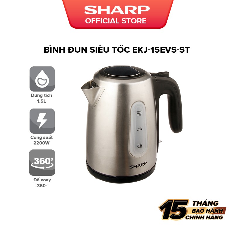 [Mã ELHADEV giảm 4% đơn 300K] BìnhSiêu Tốc 1.5 Lít Sharp EKJ-15EVS-ST Vạch báo mực nước, Cảm biến nhiệt: FADA