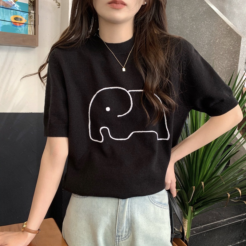 Áo Dệt Kim Tay Ngắn Dáng Rộng Thêu Hình Chú Voi Dễ Thương Thời Trang Xuân Hè Cho Bé 50126