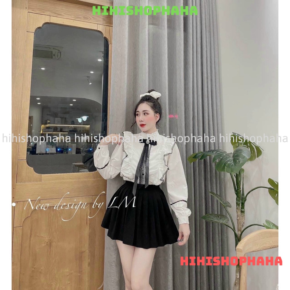 Áo sơ mi tay bồng cổ nơ viền bèo kaca shop hihishophaha