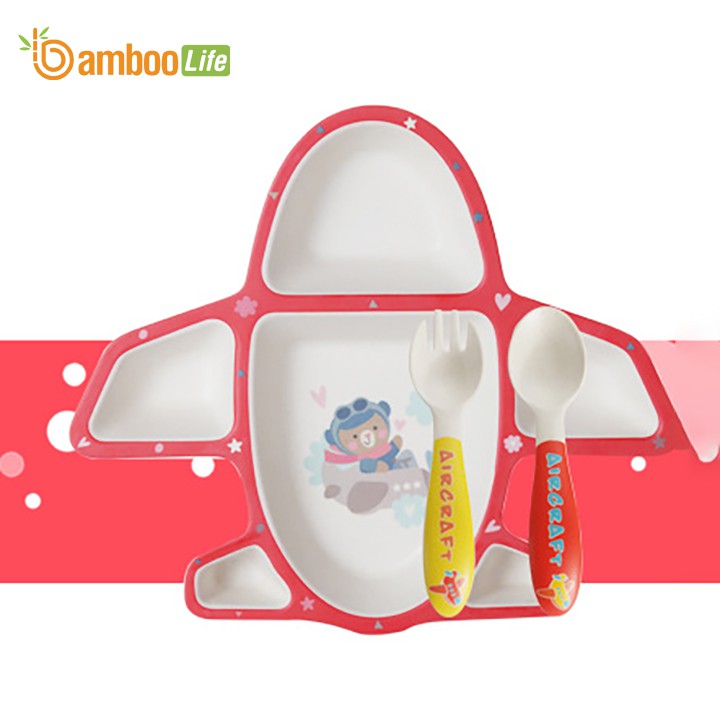 Khay đựng thức ăn cho bé sợi tre Bamboo Life BL031 bộ gồm 3 món gồm thìa, dĩa, khay hình máy bay cute