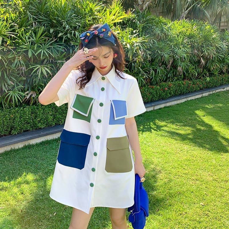 Đầm Sơ Mi Dáng Rộng Nhiều Túi Màu Sắc Tương Phản Phong Cách Retro Pháp Thời Trang Mùa Hè 2022 Dành Cho Nữ