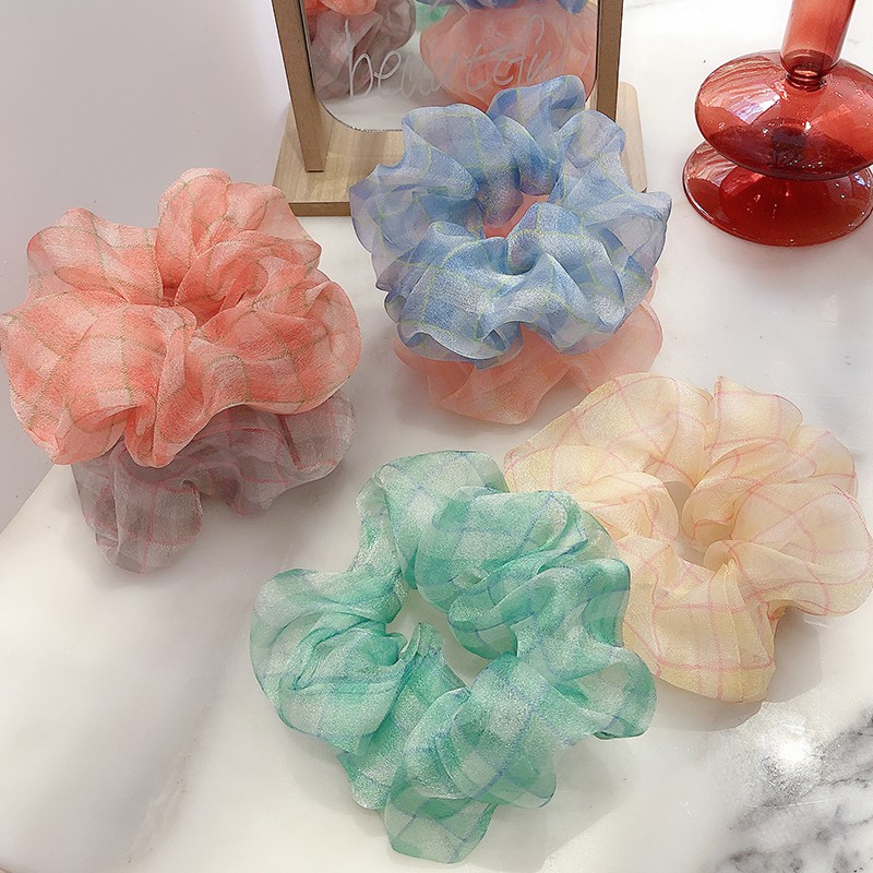 Scrunchies Cột Tóc Thun Vải Voan Trong Caro Size Lớn Màu Sweet Pastel Organza