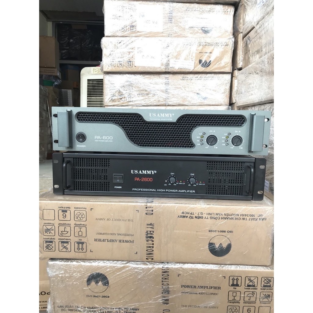 Đẩy công xuất Hãng USAMMY PA 600, 2 kênh, 24 sò xịn, tăng phô nguồn xuyến, sợi đồng, 1200W, quạt điều tốc tuyến tính.