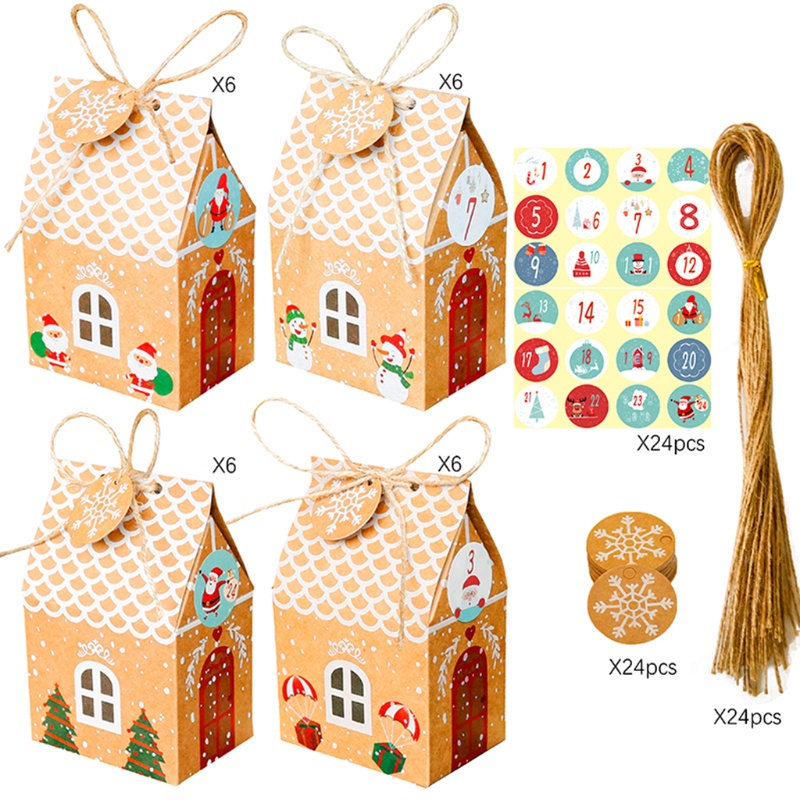 Set 24 bộ hộp đựng bánh kẹo hình ngôi nhà Giáng Sinh có miếng dán lịch mùa vọng 1-24 bằng giấy kraft và dây đay