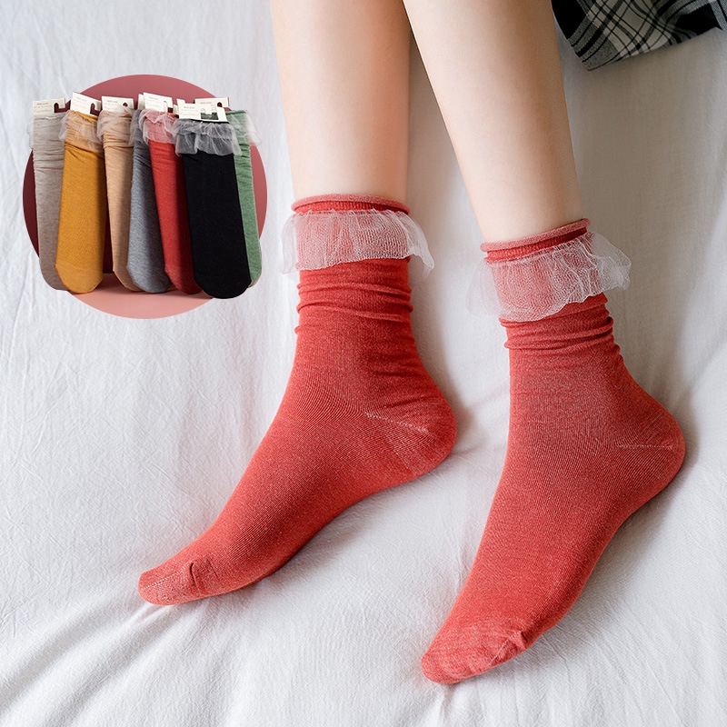 Lace Ruffles Frilly Cotton Ladies Socks All Seasons College Harajuku Lovely Cute Retro Floral Princess Loose Solid Women Socks