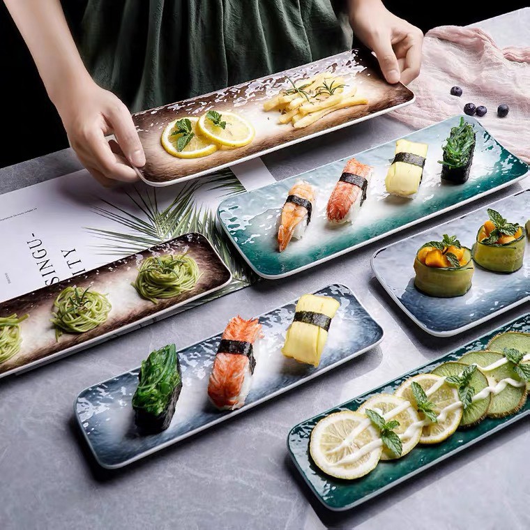 (SẴN) Khay đựng sushi vân đá, đĩa bít-tết (beefsteak ) men chống xước phong cách  Bắc Âu (sứ cao cấp không chì)
