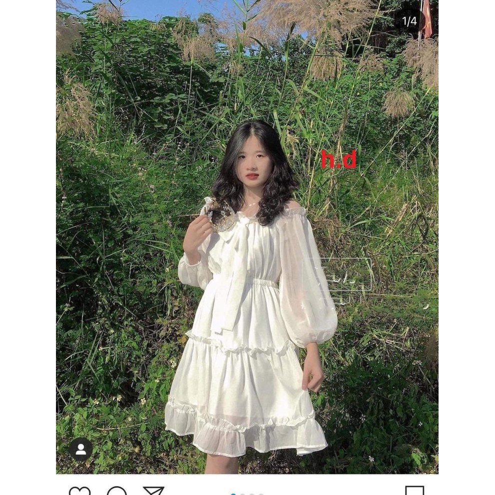 Váy Trễ Vai Nơ Tay Voan nữ - Đầm tiểu thư trắng basic trơn có lớp lót trong  vintage freesize mặc đi chơi dã ngoại tết