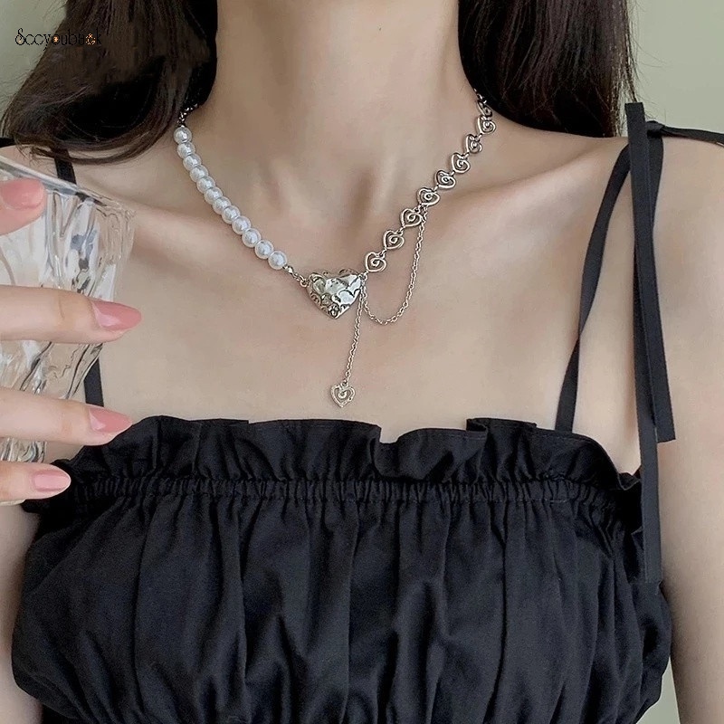 Vòng cổ Mặt Trái Tim Đính Ngọc Trai Thời Trang Cho Nữ