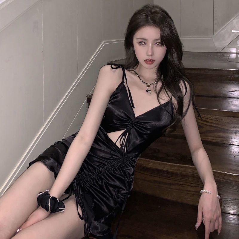 Jiashucheng Đầm Đuôi Cá Ôm Dáng Phối Dây Rút Rỗng Lấp Lánh Thiết Kế Gợi Cảm Mùa Hè Nóng Bỏng Cho Nữ