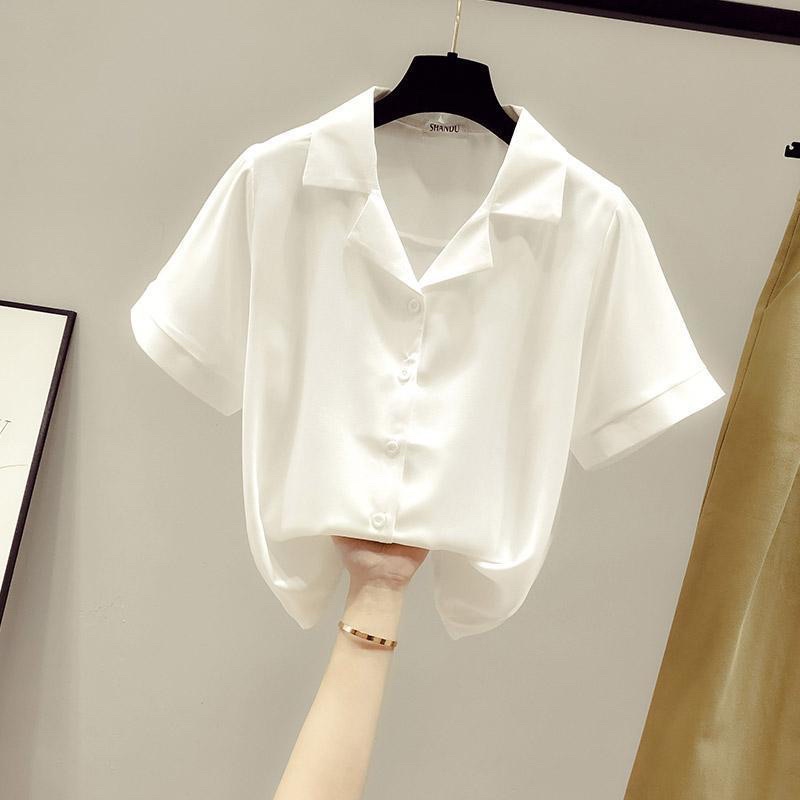 Áo sơ mi ngắn tay nữ cổ vest form rộng suông kiểu dáng basic unisex phong cách Hàn Quốc dễ kết hợp quần áo