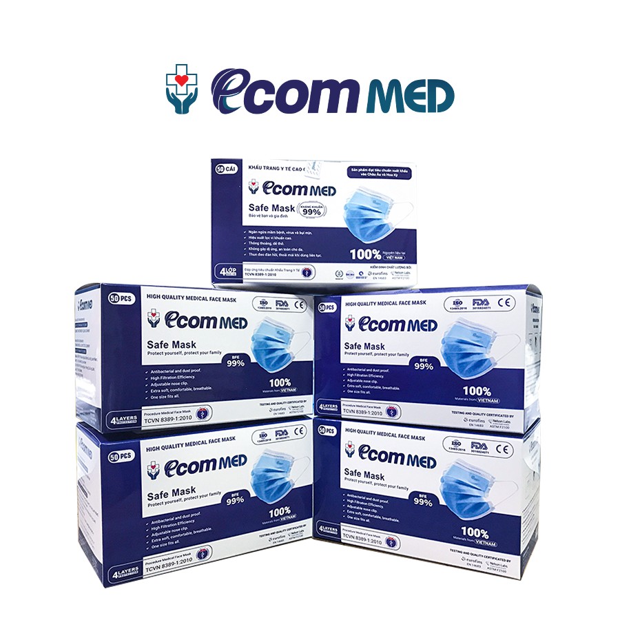 Combo 5 Hộp Khẩu Trang Y Tế EcomMed 4 Lớp Thông Thoáng Không Đau Tai Kháng