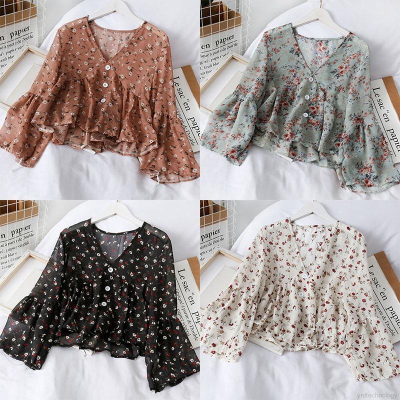 Áo kiểu chất chiffon tay dài hoạ tiết hoa thiết kế cổ chữ V nữ tính chất lượng cao