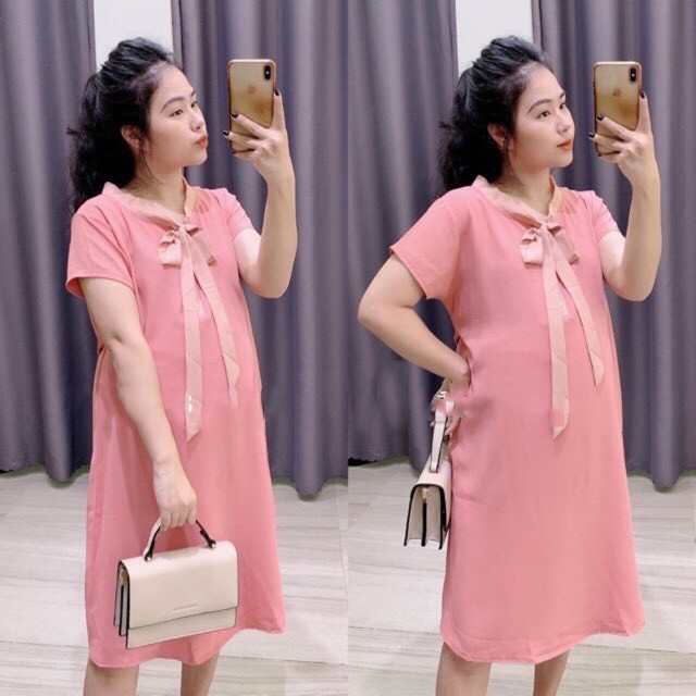 Váy bầu XUÂN HÈ cổ nơ mềm mát - 𝐕𝟏𝟐