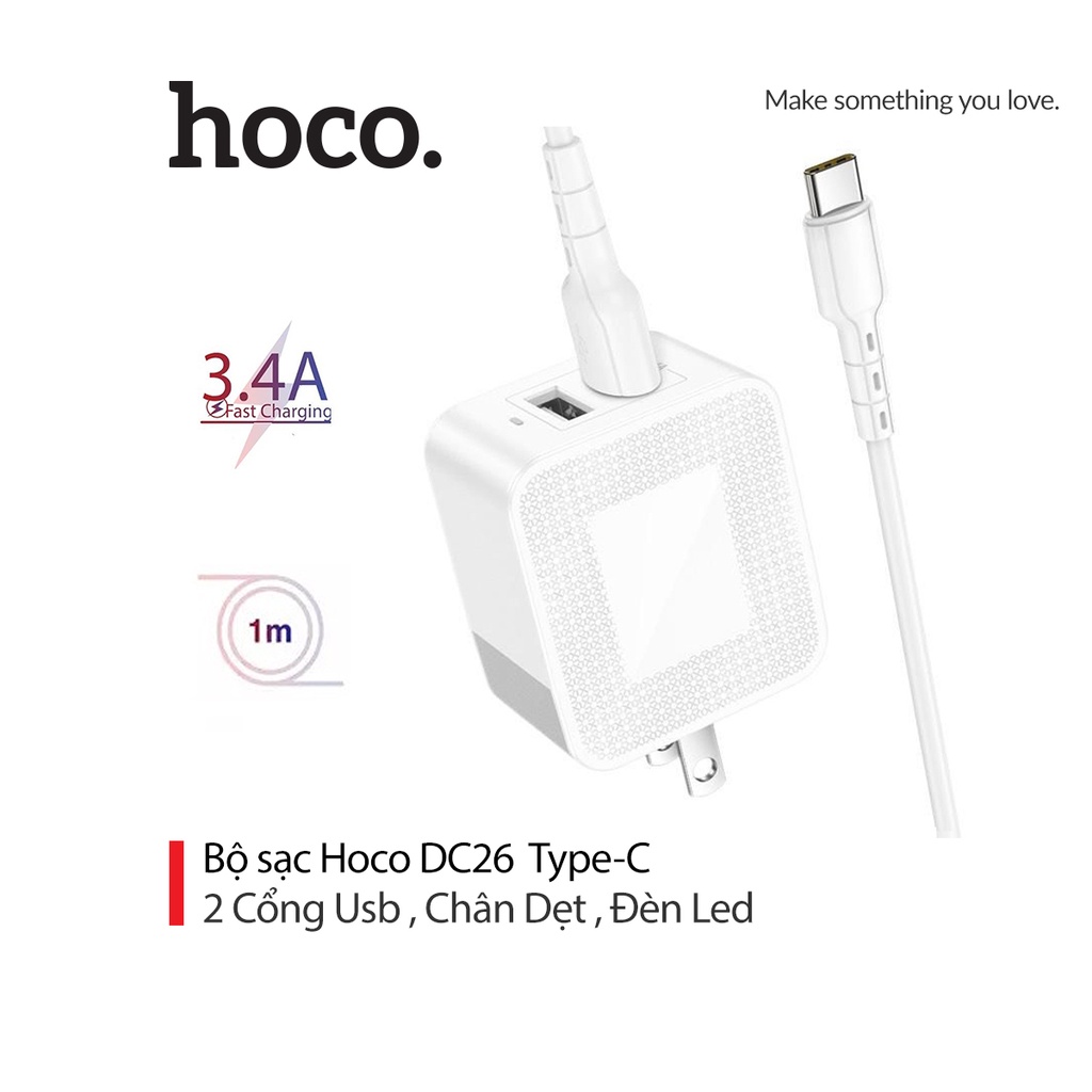 Bộ sạc 3.4A Hoco DC26 chân cắm US tiêu chuẩn kèm dây sạc Type-C dài 1M