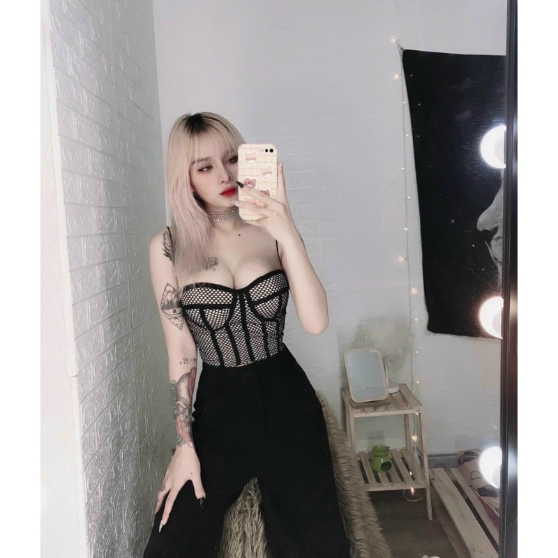 Áo 2 dây lưới có mút ngực cúp ngực croptop dạng bra - S0T