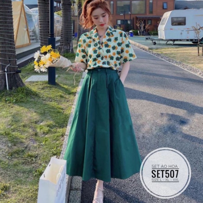 Set big size áo hoa và chân váy dài cotton lạnh từ 60kg-90kg