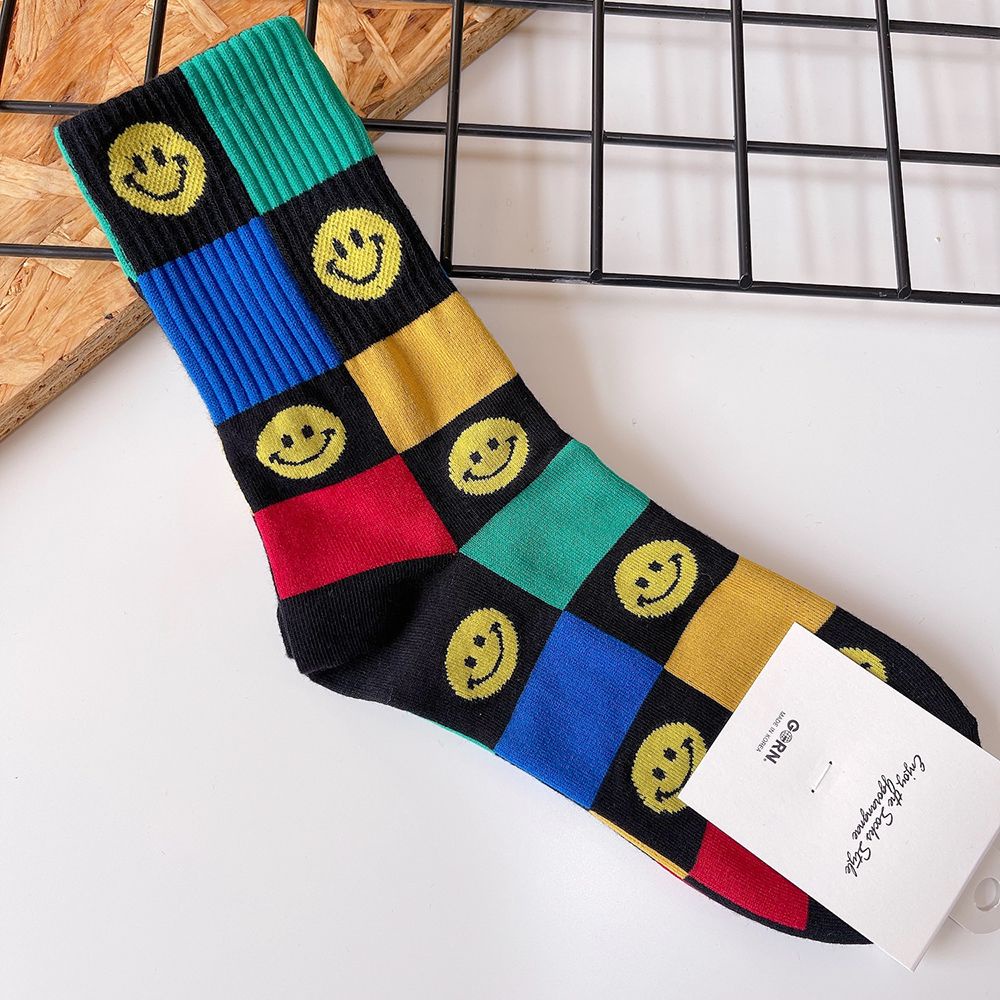 Vớ cotton cổ trung thoáng khí in hình mặt cười nhiều màu thời trang cho nữ