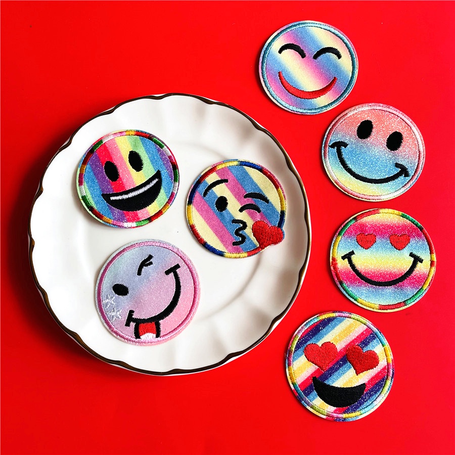 Thời Trang 1 Sticker Ủi Thêu Hình Mặt Cười Cầu Vồng 01