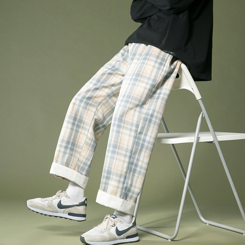 Men's Wide-legged Plaid Pants Korean Style Straight Baggy Pants for Men Loose Casual Fashion Trousers Unisex