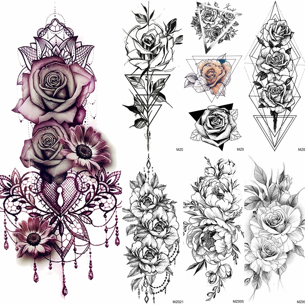 Fake-Tattoo-Decal Rose Temporary-Tattoos Henna Waterproof Flower Jewelrys-Design Body-Art