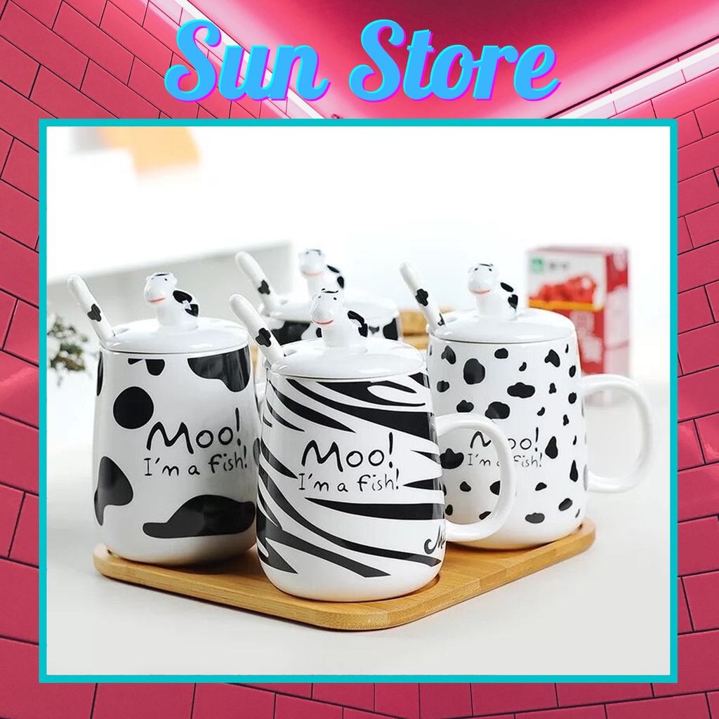 Cốc sứ Bò Sữa có nắp và thìa 400ml, họa tiết dễ thương, phù hợp làm quà tặng, decor góc làm việc - SunStoreVN