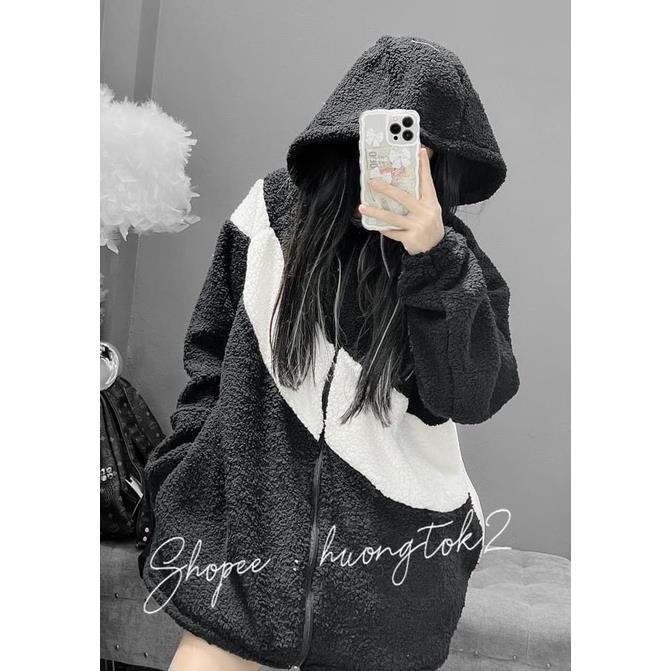 Áo Khoác Hoodie  Lông Mũ Rộng Nam Nữ Unisex 2 Màu Đen Trắng Có Kèm Ảnh Thật