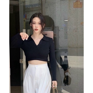 Áo croptop cổ V bẻ tay dài