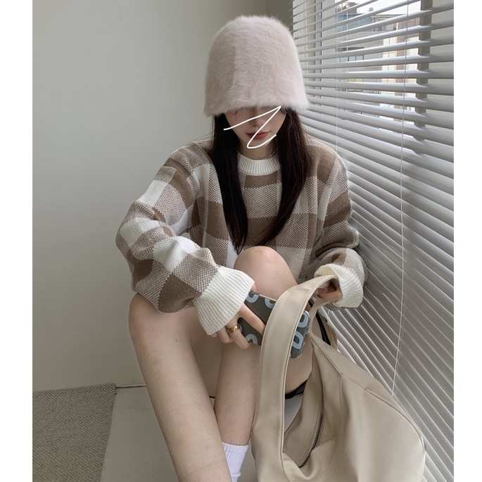 Cocory vn Áo croptop dệt kim tay dài dáng rộng kẻ sọc caro thời trang Hàn Quốc 3 màu tùy chọn | BigBuy360 - bigbuy360.vn