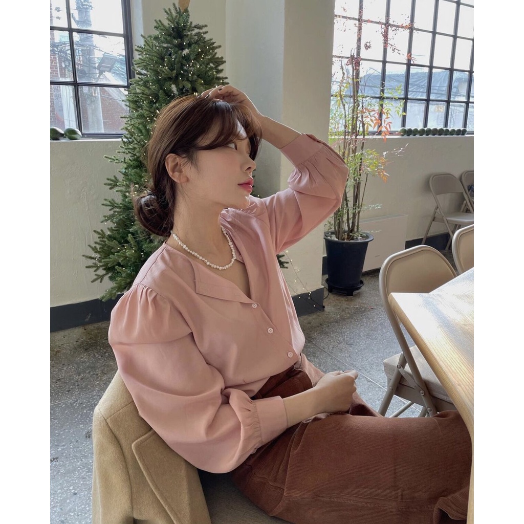 Áo Sơ Mi Tay Phồng Màu Hồng Phong Cách Hàn Quốc Xinh Xắn Cho Nữ