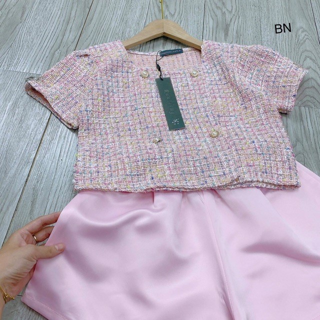ÁO DẠ HỒNG KIM TUYẾN NƠ KÈM QUẦN ĐÙI LỤA [NHÀ CỦA MÉO STORE]