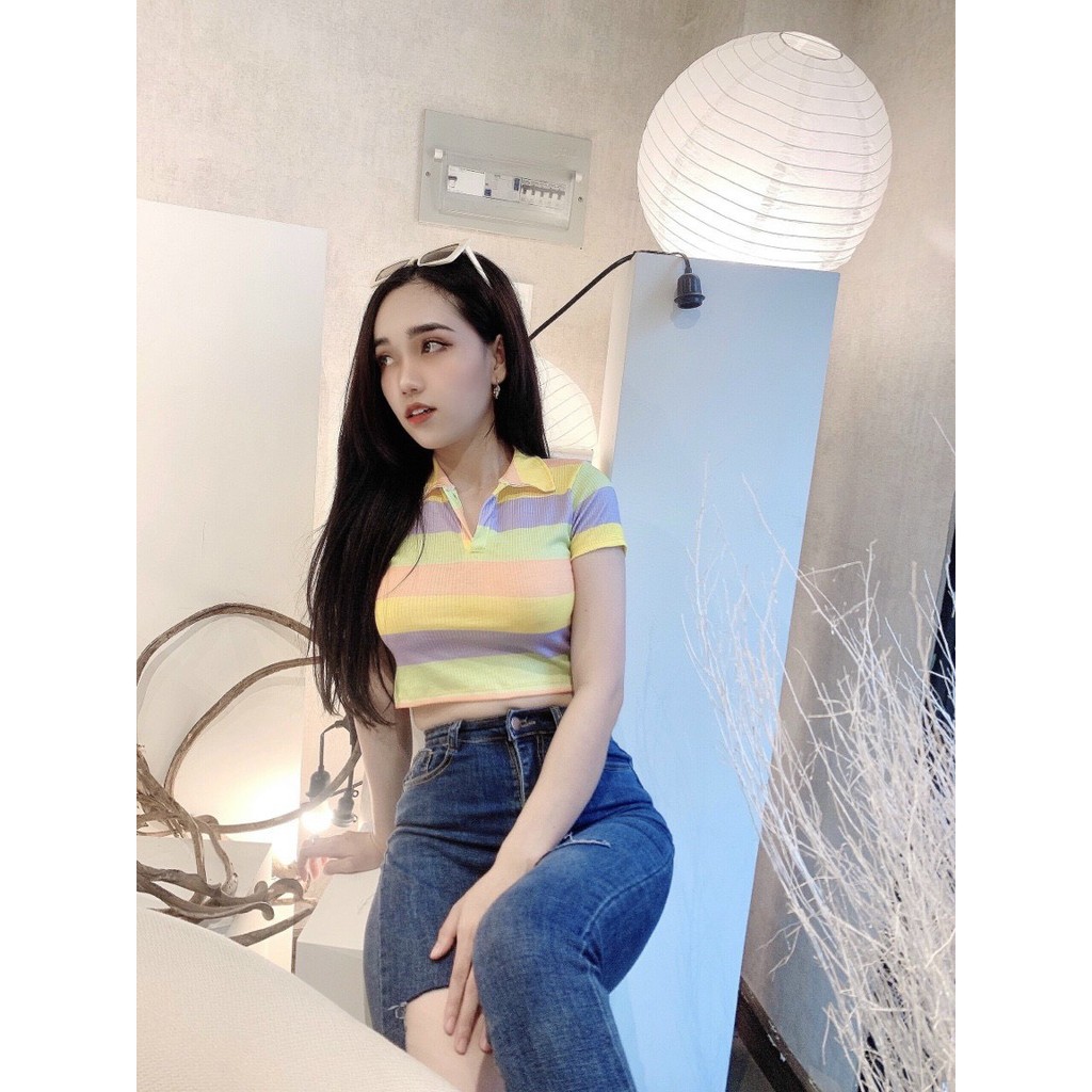 Áo thun gân croptop vải xịn 7 sắc màu cổ bẻ tay ngắn thời trang TTSA1154