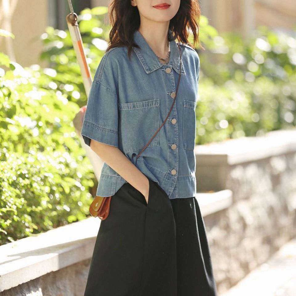 Áo Sơ Mi Denim Tay Ngắn Dáng Rộng Thời Trang Mùa Hè Phong Cách Hàn Quốc Mới Cho Nữ