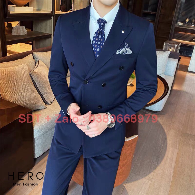 Bộ vest nam cao cấp Hàn Quốc màu xanh than, Bộ Suit Nam Thanh Niên Vải Sịn