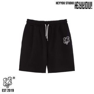 Quần Short Thun Đen Nam Thêu Logo HEYYOU STUDIO - vải thun da cá dày dặn