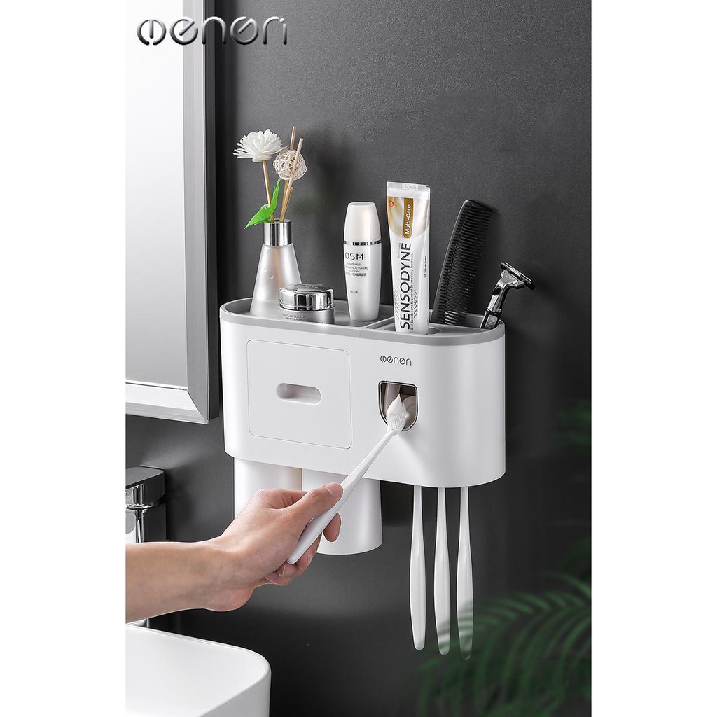 Hộp Nhả Kem Tự Động OENON kèm 2 cốc hút từ tính chất liệu nhựa ABS lắp đặt dán tường không cần khoan - OEKEM