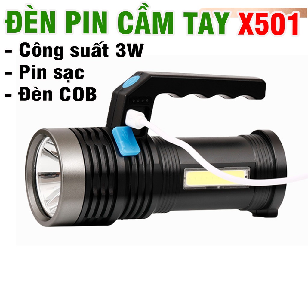 Đèn pin cầm tay mini pin sạc model X501A siêu sáng bằng nhựa có đèn COB