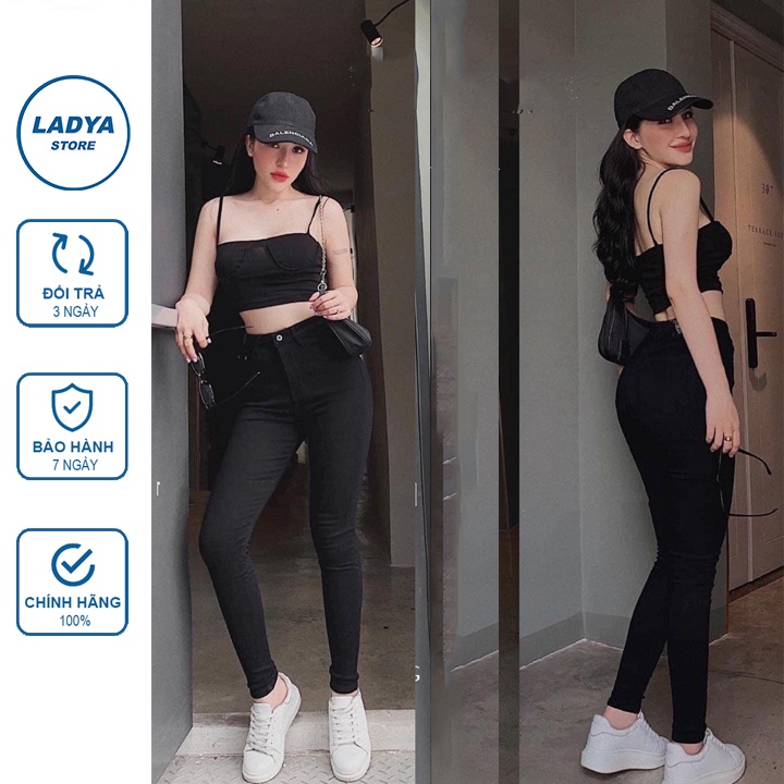 Quần jean nữ Ladya lưng cao siêu co giãn ống đứng vải bò giấy đen trơn cao cấp M68