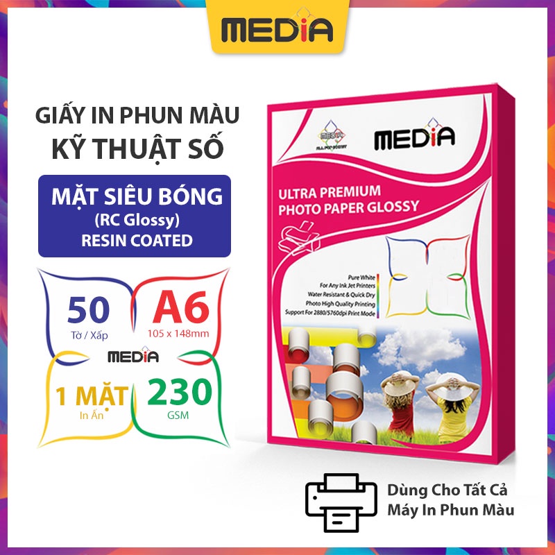 Giấy In Ảnh Cao Cấp Media Resin Coated (RC) 1 Mặt Siêu Bóng A6 230gsm 50 Tờ, Dùng Cho Tất Cả Máy In Phun Màu