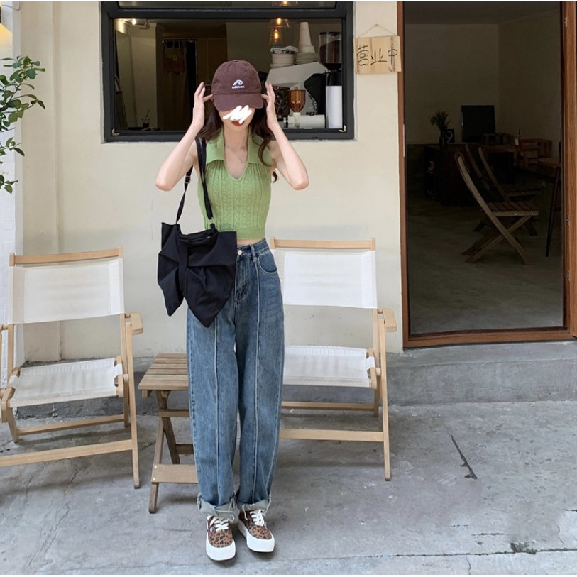Quần Denim | Quần Denim Jeans Nữ Cạp Cao Dáng Dài Thiết Kế Xắn Gấu Chất Jeans Dày Dặn Hàn Quốc