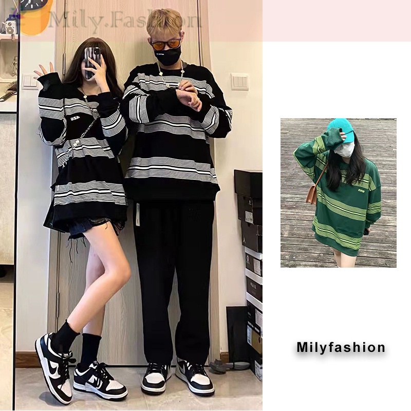Áo Thun Tay Dài Cổ Tròn Form Rộng Họa Tiết Kẻ Sọc Phong Cách Hip Hop Mới